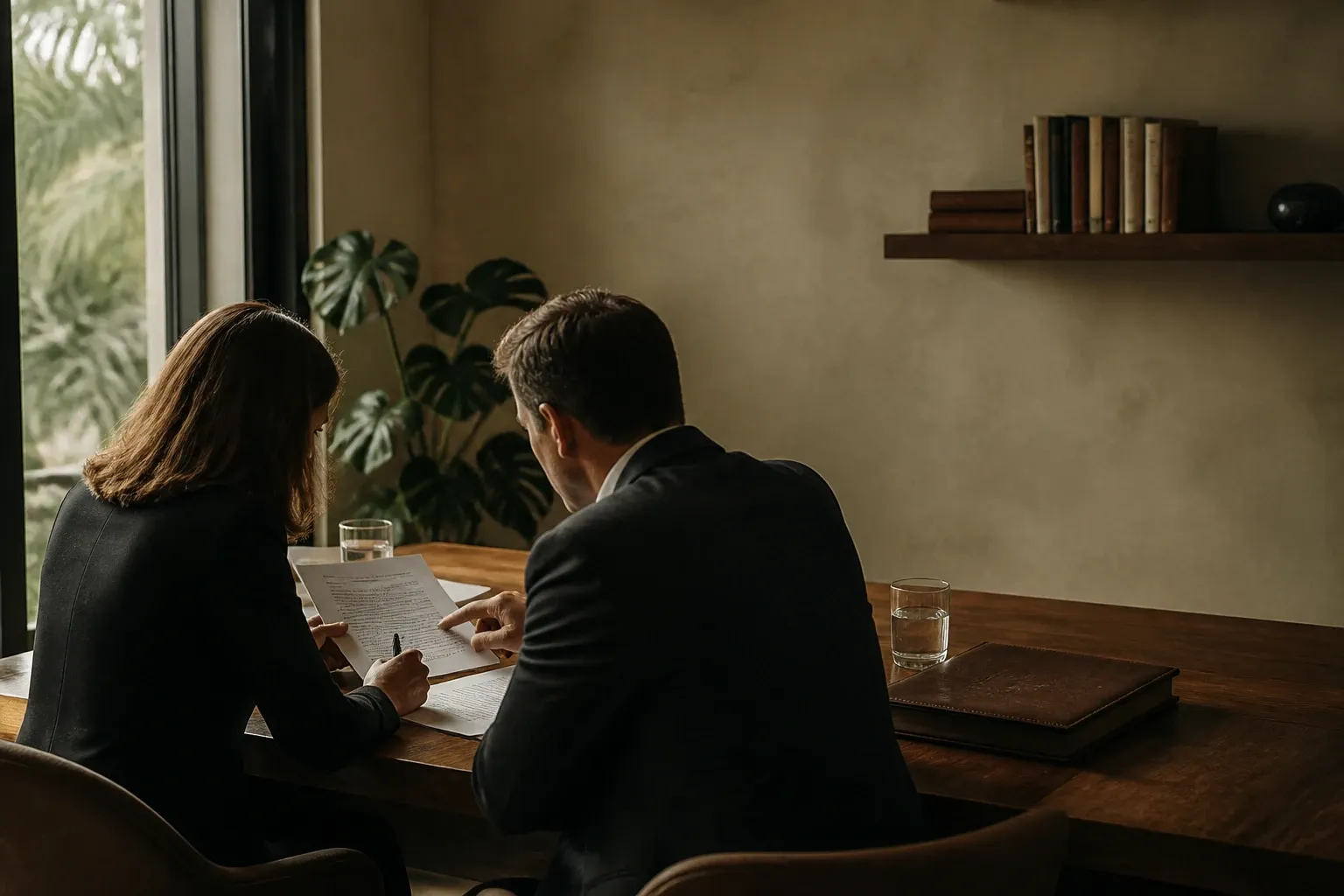 Dos profesionales revisando documentos legales sobre una mesa de madera junto a una ventana amplia
