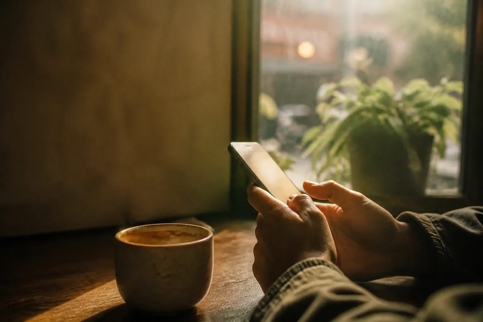Manos sosteniendo un teléfono móvil mientras se escribe un mensaje, con luz cálida de ventana al fondo