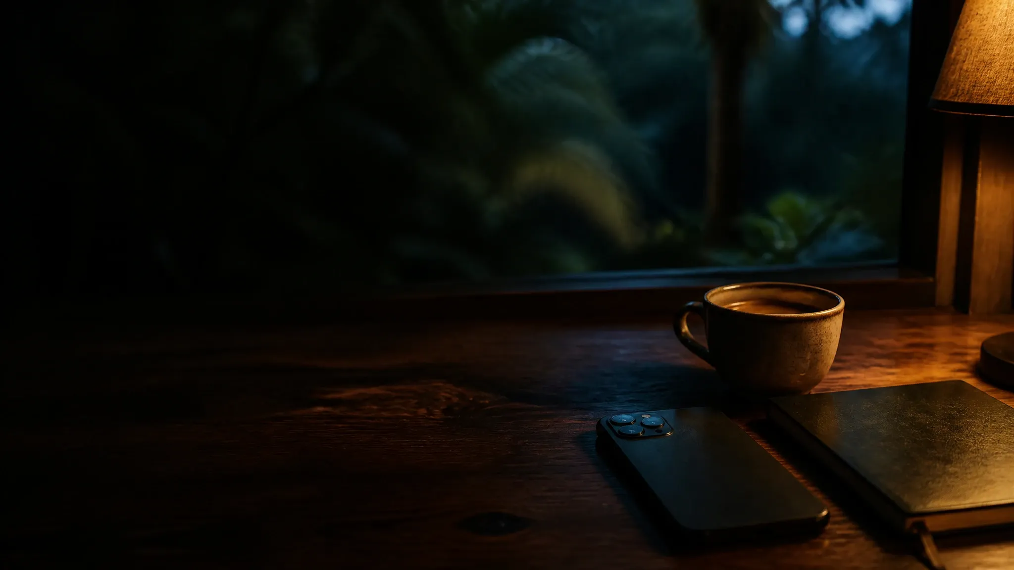 Mesa de madera junto a una ventana al anochecer, con un teléfono, una taza de café y un cuaderno