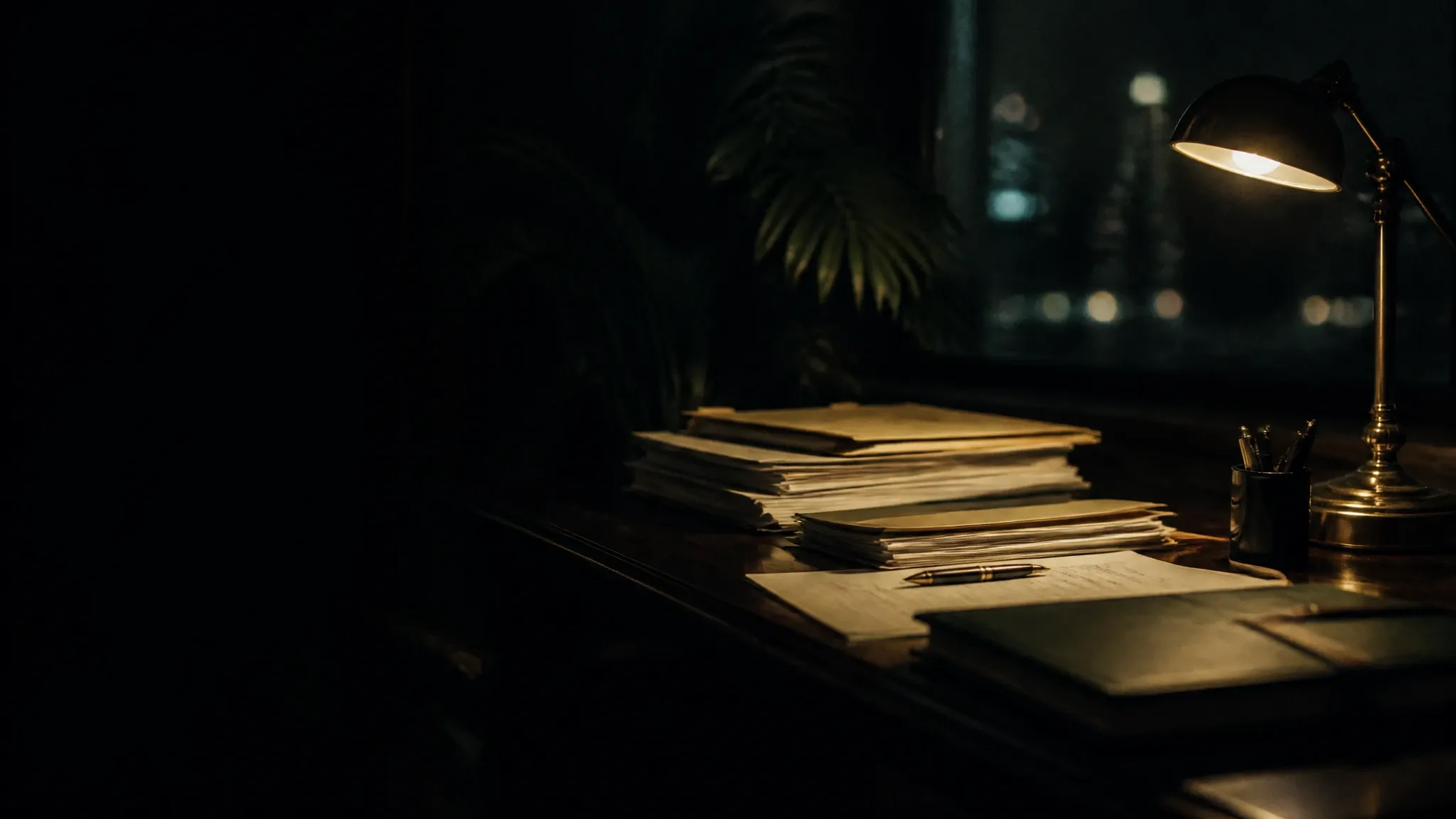 Escritorio de trabajo iluminado por una lámpara cálida, con documentos y carpetas ordenados en la penumbra