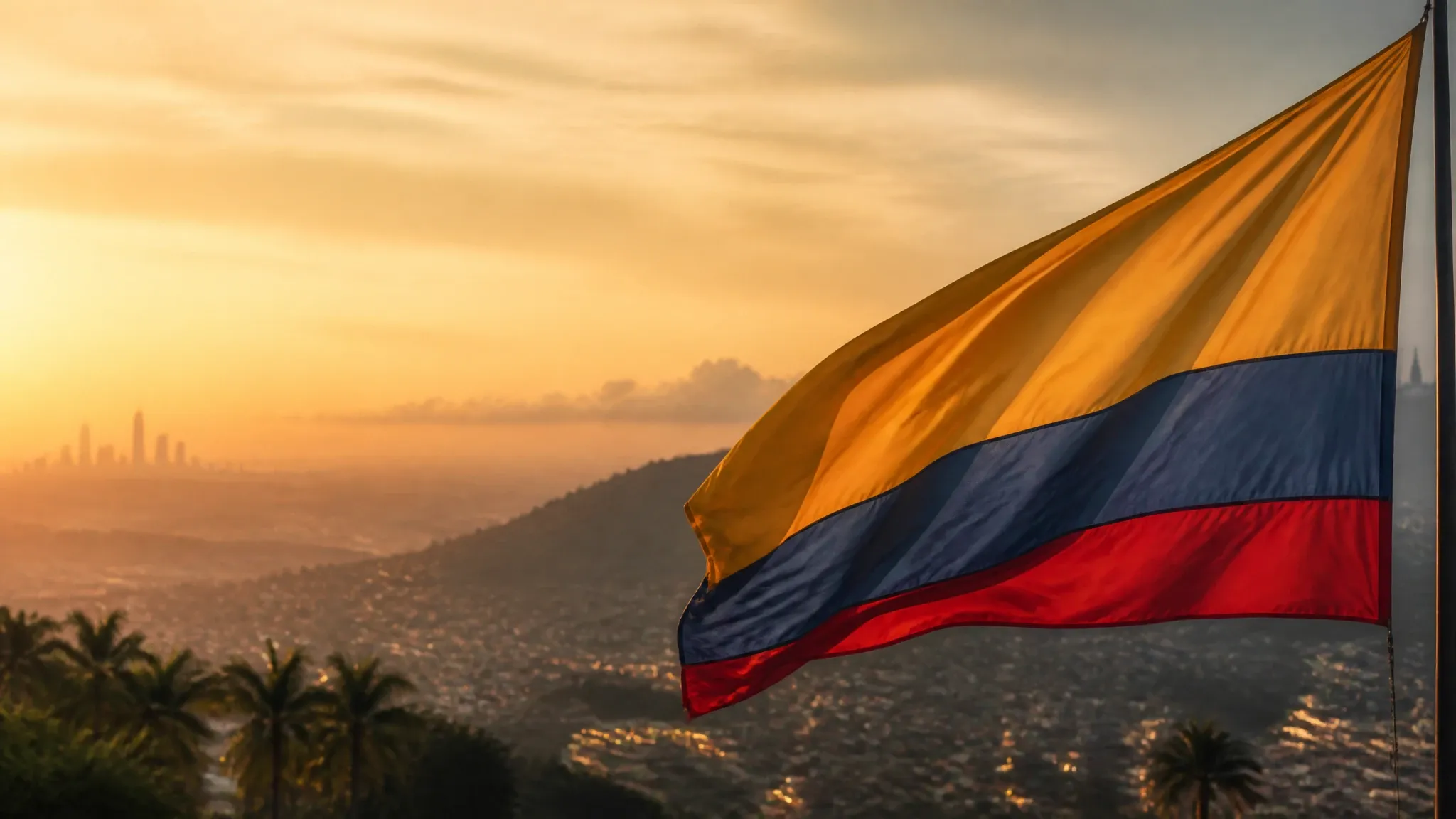 Bandera de Colombia iluminada por luz cálida en primer plano, con la silueta de una ciudad colombiana entre montañas al fondo