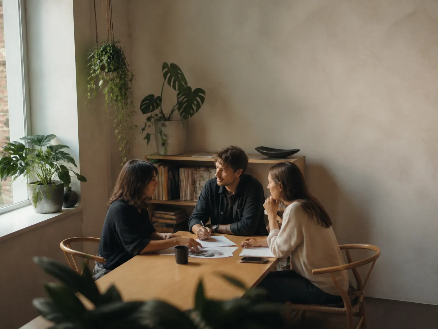 Equipo de trabajo conversando alrededor de una mesa en una oficina luminosa con plantas y madera clara