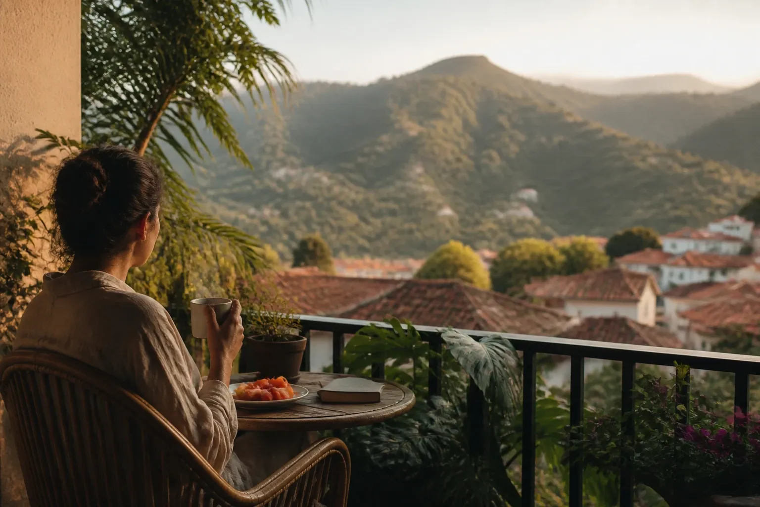 Persona desayunando en un balcón con vegetación tropical y una ciudad colombiana al fondo, con luz de la mañana