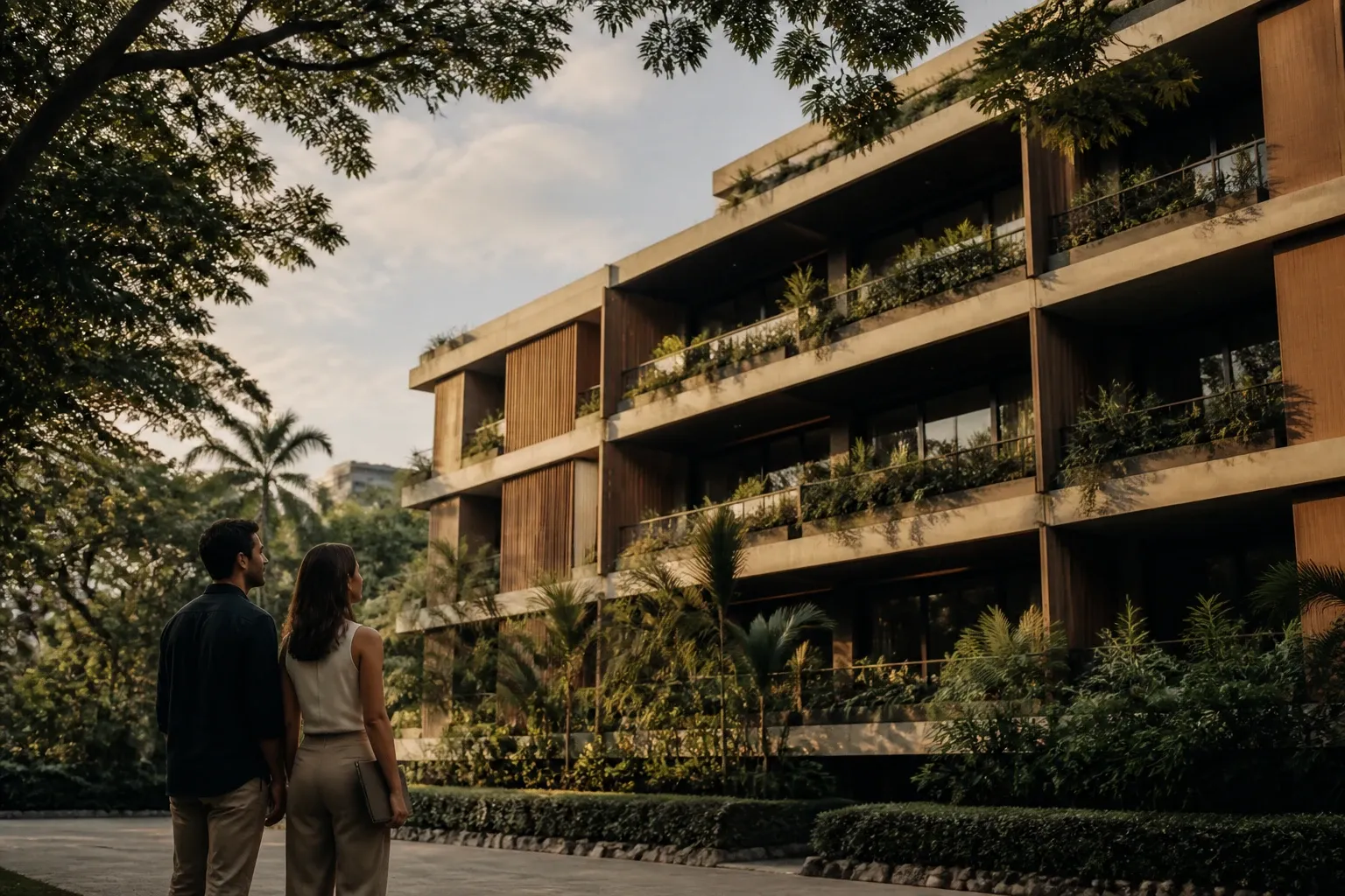 Pareja de pie frente a un edificio residencial moderno rodeado de vegetación, en una ciudad colombiana